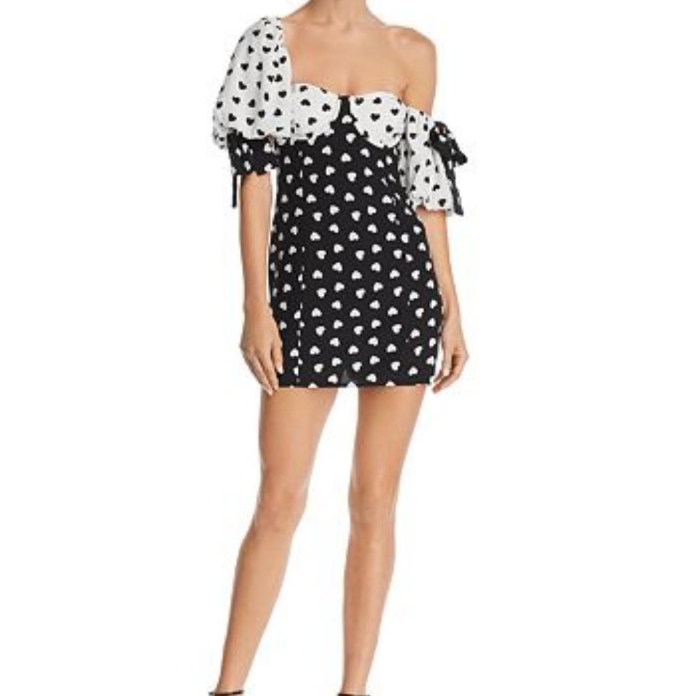 For Love and Lemons Black & White Mae Heart Print Off the Shoulder Mini Dress S